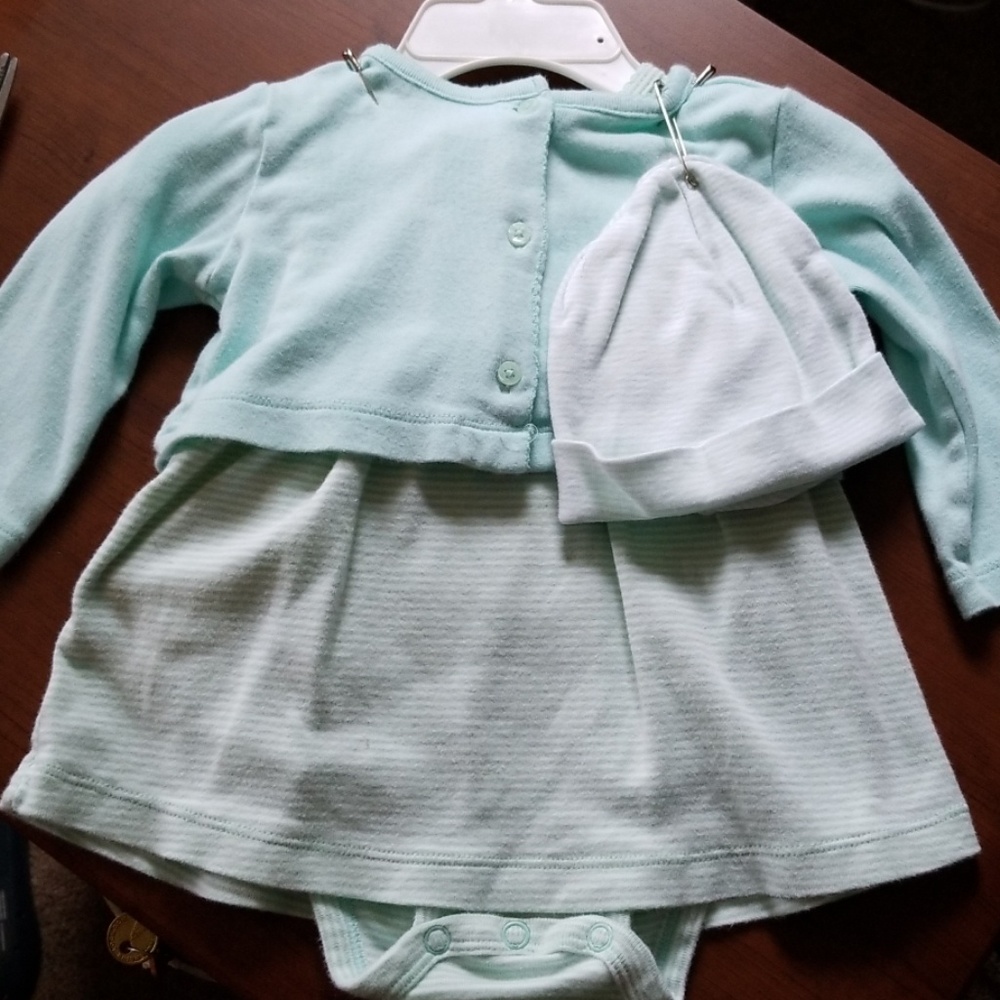 Onesie dress with matching cardigan and hat